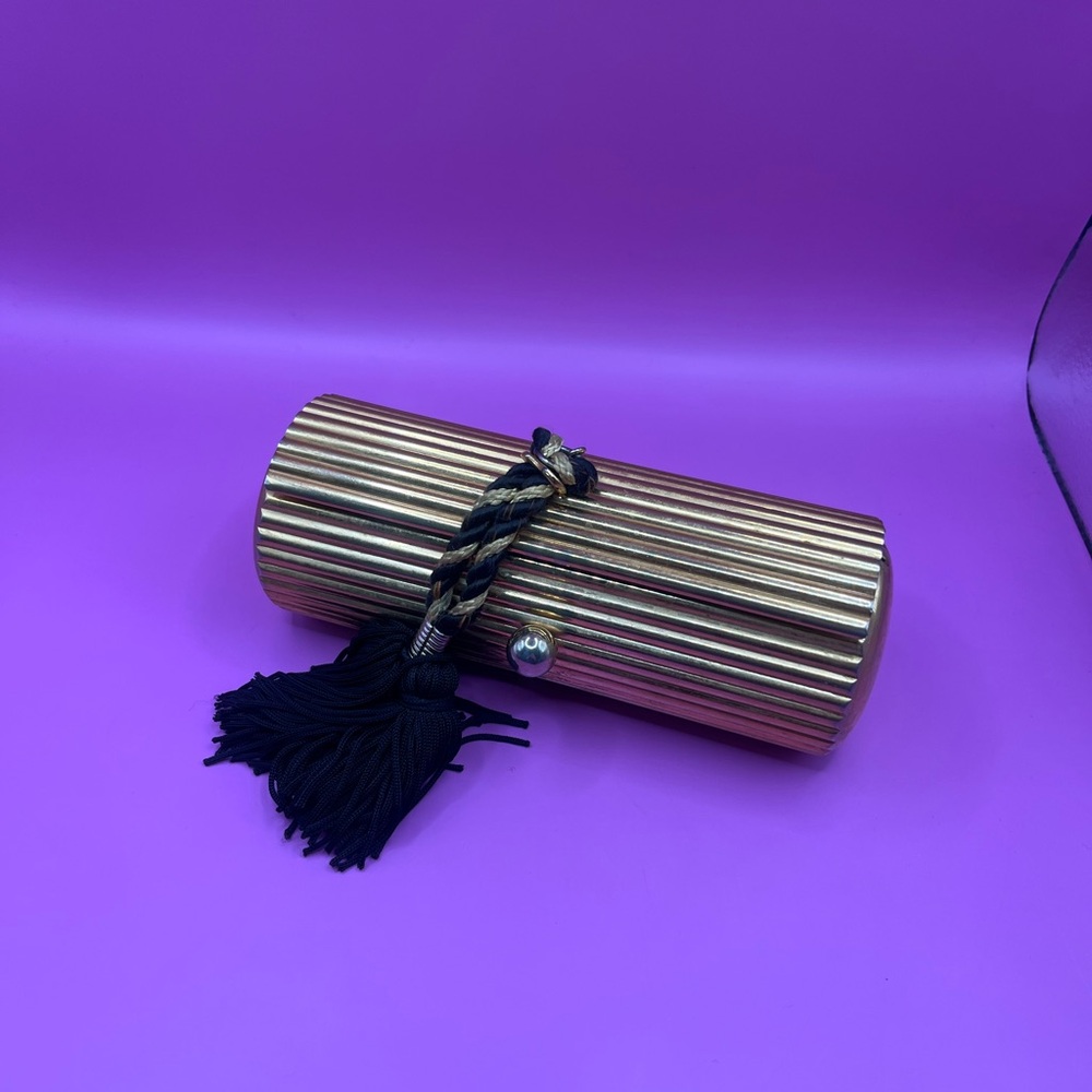 Lancome Metallic Gold cylinder Clutch with Black Tassel and dainty chain